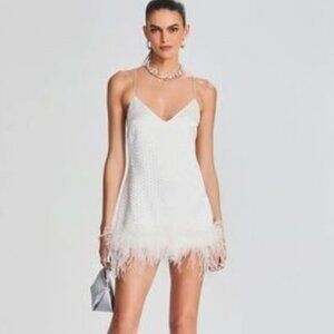 New RETROFETE Susana Feather Sequin Mini Dress White Satin L MSRP $595